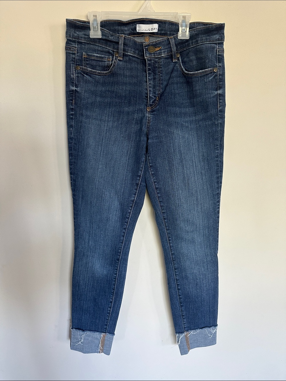 LOFT Dark Blue Cropped Skinny Jeans with Raw Cuffed Hem